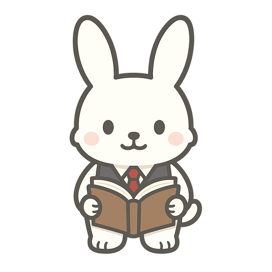 App logo Application logo presenting cartoon style rabbit in a grey suit vest with red tie holding a book with brown cover.
